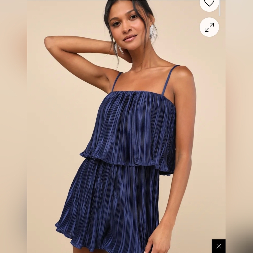 NWT Lulu's Fun Flirt Navy Blue Satin Plisse Sleeveless Romper